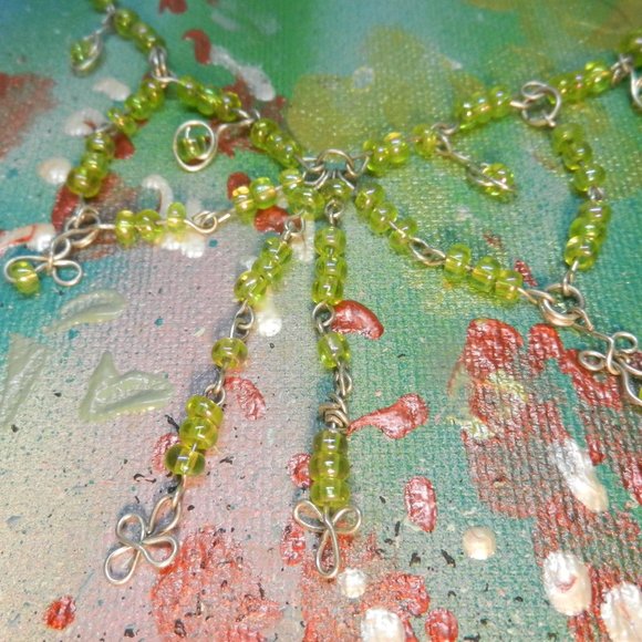 VTG Hand Crafted silver necklace OOAK green silver tone drop and dangle bolo bow - Picture 3 of 7